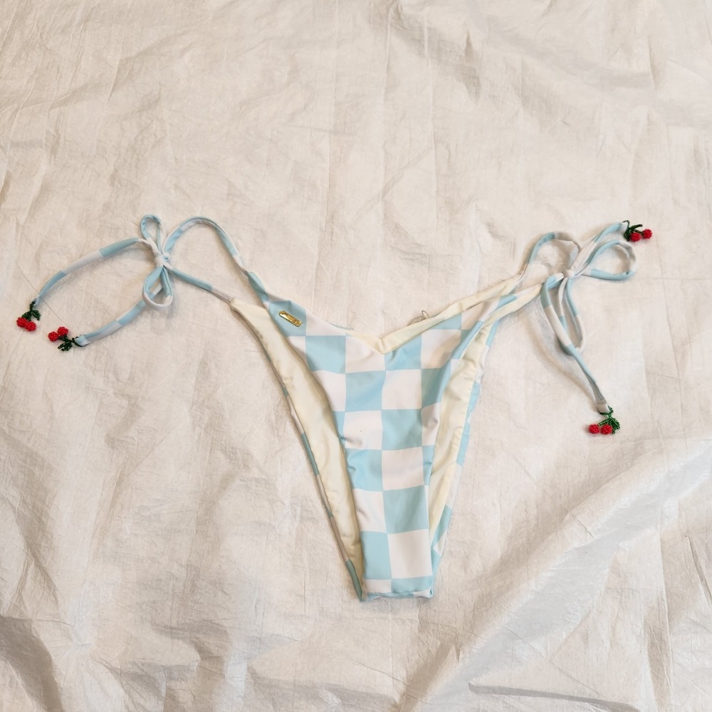 New Maaji Blue White Checkered Beaded Cherry Bikini Bottoms S Side Tie Small